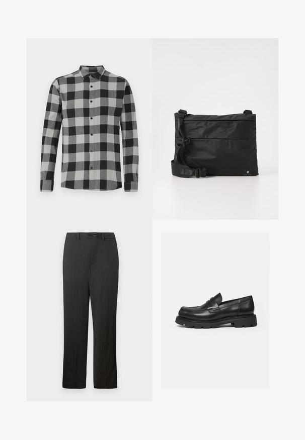 Schwarz und grau kariertes Langarmhemd mit Knopfleiste. Verfügt über einen Kragen und schwarze Knöpfe. Hergestellt aus einem weichen, strukturierten Stoff.; Schwarze, gerade geschnittene Hose mit glatter Textur, ausgestattet mit einem Kordelzugbund und einem subtilen, leichten Stoff.; Schwarzer Lederloafer mit dicker, profilierter Sohle und Pennyriemen-Detail, von der rechten Seitenansicht auf weißem Hintergrund gezeigt.; Schwarze Nylon-Umhängetasche mit verstellbarem Riemen, flachem Design und seitlichem Etikett mit Logo. Glatte Textur und minimalistischer Stil.