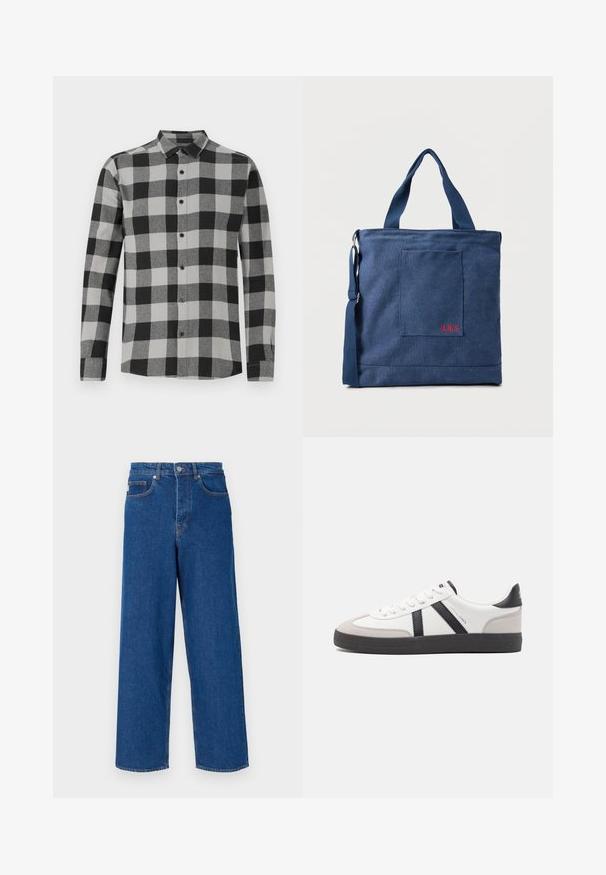 Schwarz und grau kariertes Langarmhemd mit Knopfleiste. Verfügt über einen Kragen und schwarze Knöpfe. Hergestellt aus einem weichen, strukturierten Stoff.; Weite blaue Jeans aus Denim mit hoher Taille, Fünf-Taschen-Design und Kontrastnähten entlang der Nähte und Taschen.; Weiße Sneaker mit schwarz- und grau-aczenten, ausgestattet mit einer strukturierten grauen Zehenkappe, schwarzer Gummi-Sohle und flachen weißen Schnürsenkeln. Sauberes Design, minimalistische Stil.; Blauer Canvas-Einkaufstasche mit Vordertasche und roter "O.N.S" Stickerei, ausgestattet mit zwei Griffen und einem verstellbaren Schulterriemen.