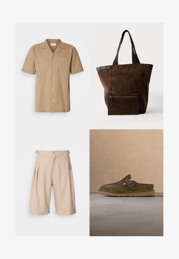 Kurzhülsiges, beiges Hemd aus strukturiertem Stoff. Verfügt über einen Kentkragen, zwei Vordertaschen und eine Knopfverschlüsse in lockerer Passform.; Beige, gefaltete Shorts mit einem maßgeschneiderten Design, das eine glatte Textur und Seitentaschen aufweist, die mit einem verdeckten Reißverschluss an der Taille gesichert sind.; Olivgrüner Wildleder-Slipper mit Metallschnalle und dicker hellbrauner Sohle, auf einem beigen Teppich nahe einem runden Holztisch positioniert.; Dunkelbraune Veloursleder-Tote mit schwarzen Griffen und einem passenden rechteckigen Reißverschlussbeutel, der vorne befestigt ist.