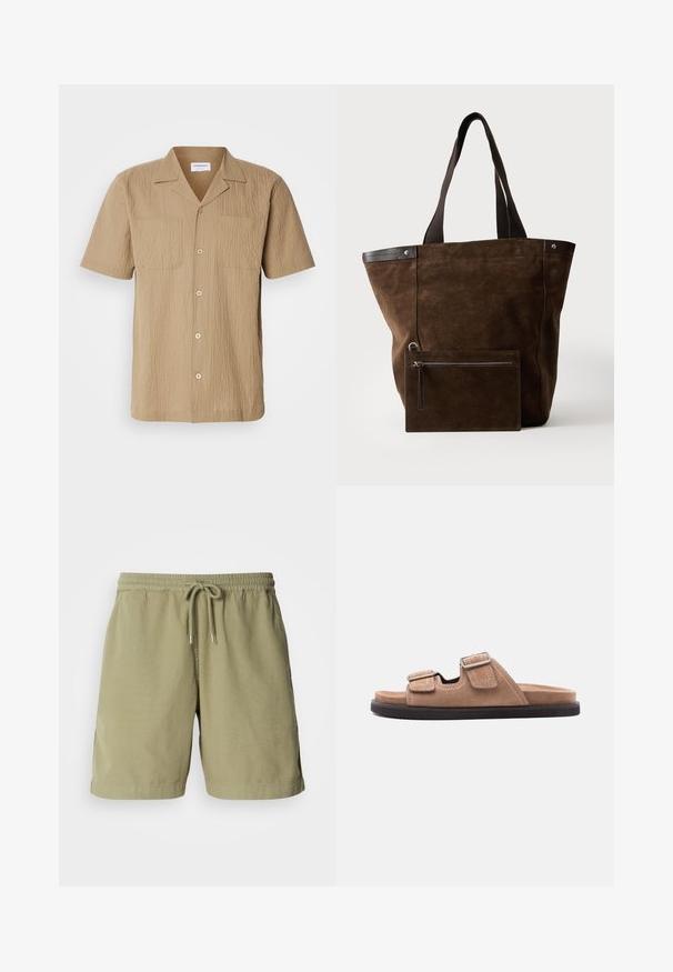 Kortærmet, beige skjorte lavet af struktureret stof. Har en spredt krave, to frontlommer og knaplukning i en afslappet pasform.; Olivenfarvede shorts, lavet af bomuld, med elastisk talje og snøre, der har sidelommer og en lige pasform. Glat tekstur.; Brun ruskinds slidessandal med sort sål, med to justerbare remme med spænder og hvide syninger, set fra siden på hvid baggrund.; Mørkebrun ruskindstaske med sorte håndtag og en tilsvarende rektangulær lynlåspung fastgjort foran.
