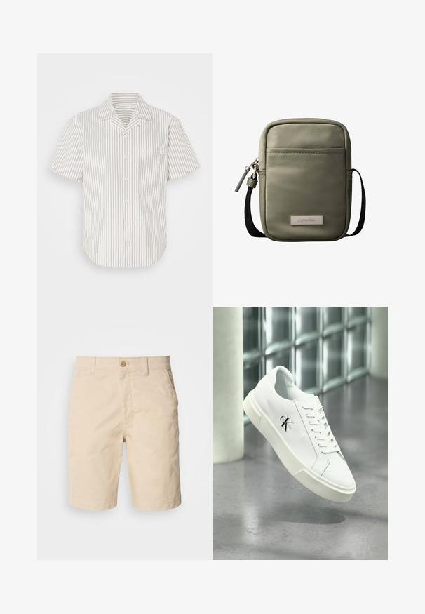 Chemise à manches courtes boutonnée en beige clair avec des rayures verticales sombres, dotée d'une poche poitrine et d'un col rabattu.; Shorts en coton beige avec une fermeture à bouton à l'avant, des poches latérales et une coupe droite. Texture lisse avec des détails de couture soignés.; Baskets blanches Calvin Klein avec lacets, présentées en suspension au-dessus d'un sol en béton poli et d'un mur en blocs de verre en arrière-plan.; Sac bandoulière compact vert olive avec poche avant, sangle noire réglable, fermeture zippée et plaque logo Calvin Klein.