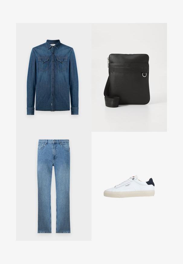 Denimskjorte, mørkeblå, med lange ærmer og knapkrave. Har to brystlommer med klap og logo-broderi.; Lysblå denim jeans med lige snit, fem lommer, lynlås og kontrastsyninger. Stoffet har en glat, tekstureret overflade.; Hvid lavtop-sneaker med beige sål, hvide snørebånd, sort hælkappe og "Pepe Jeans London"-logo på siden.; Sort læder skuldertaske med en glat tekstur, lynlåslukning, frontrem med mærkenavnet og justerbar stofrem.