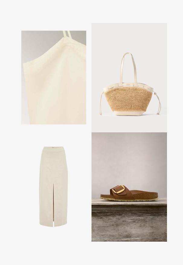 Mouwloos top in crèmekleur met dunne schouderbandjes en een gladde stoftextuur op een neutrale achtergrond.; Lichtbeige midi-jurk met een rechte snit en een centrale voorknip. Gemaakt van een gladde stof met een verborgen rits aan de achterkant.; Bruine leren slipper met een brede band en een gouden gesp. Beschikt over een kurken voetbed en een gestructureerde rubberen zool.; Beige gevlochten strooien tote tas met crèmekleurige leren handvatten, bies en zijkanten met trekkoord op een lichtgrijze achtergrond.