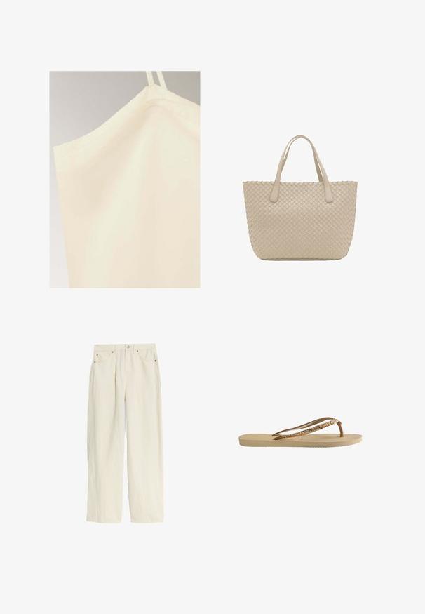Top sin mangas de color crema con tirantes finos y una textura de tela suave sobre un fondo neutro.; Pantalones de pierna ancha color crema claro elaborados con una tela texturizada. Presentan un cierre de botón, remaches en tono cobre y cuatro bolsillos.; Chanclas con una suela texturizada beige, finas tiras marrones y acentos de purpurina dorada. Diseño ligero adecuado para uso casual.; Bolso tote de cuero beige tejido con dos correas para el hombro y una forma rectangular estructurada.