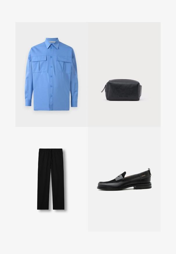 Chemise à manches longues bleu clair avec col pointu, devant à boutons et deux grandes poches poitrine à rabat, présentée sur un fond blanc.; Pantalon noir droit avec taille élastique et cordon, doté de poches latérales, présenté sur fond blanc.; Mocassin en cuir noir avec détail de bride grise, talon bas et semelle texturée, marqué "HUGO" en or sur le côté.; Trousse de toilette rectangulaire en cuir noir avec fermeture éclair et nom de marque embossé sur le devant, sur fond blanc uni.