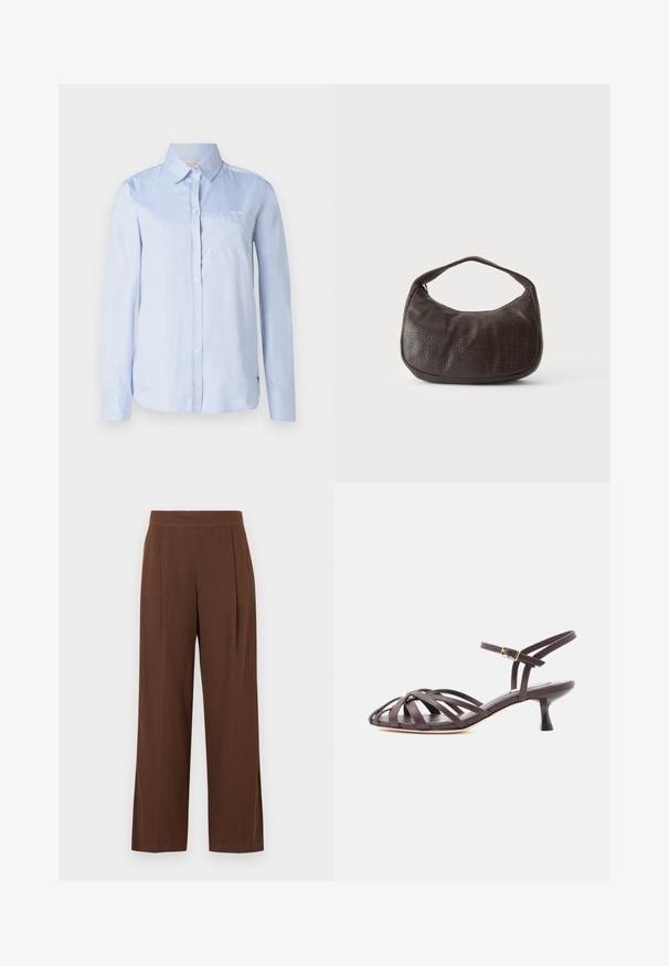 Chemise boutonnée à manches longues de couleur bleu clair avec un col, comprenant une poche poitrine gauche et une texture lisse. Design à coupe classique, couleur unie.; Pantalon marron à jambes larges avec une texture lisse, présentant un devant plat et des plis. La taille est élastiquée pour le confort et l'ajustement.; Sandale à talon kitten en cuir marron foncé avec lanières et bride de cheville réglable à boucle sur fond blanc.; Petit sac à main marron foncé texturé avec une courte bandoulière et un fond arrondi sur un fond clair uni.