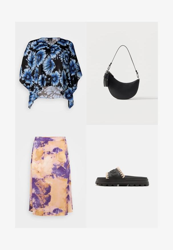 Sort floralprint kappe med store blå blomster, blødt stof, løs pasform og V-hals design. Med glatte teksturer og flydende form.; Lilla og orange tie-dye midi-nederdel i blødt stof med A-form og subtil struktur, der har en glat talje og flydende design.; Sort gummisiklesandal med beige stikninger på remmen. Har en tekstureret indersål og en sål med mønster for bedre greb.; Sort halvmåneformet håndtaske med aftagelig rem og lille lynlåslomme på siden, tekstureret læderoverflade.