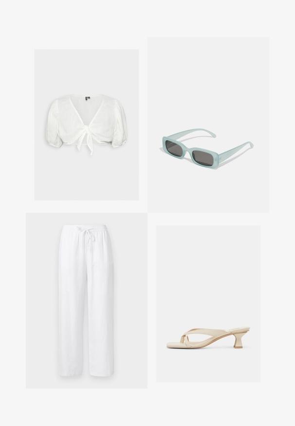 Vero Moda VMNATALI NIA KNOT - Bluse - snow white; Hvide løstsiddende bukser i hørblanding med elastik i taljen og snøre foran, lige ben.; Beige hælsandal med lav, udvidet hæl og rem i tåsandalstil på en hvid baggrund.; Et par rektangulære solbriller med lyseblå gennemsigtige stel og mørkegrå linser, der har lige templer og minimale hardware detaljer.