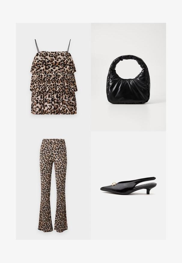 Top con estampado de leopardo y tres volantes, hecho de tela liviana. Presenta tirantes finos negros y una textura plisada en tonos beige y marrón.; Pantalones acampanados de estampado de leopardo en tono marrón y negro, hechos de una tela suave con una textura lisa, con una cintura ajustada y un dobladillo acampanado.; Zapato negro de charol con tacón bajo tipo kitten, puntera puntiaguda y un pequeño adorno redondo dorado en la parte superior.; Bolso negro acolchado con un asa redondeada, que presenta una superficie lisa y brillante y una textura suave y acolchada. Sin herrajes ni acentos visibles.