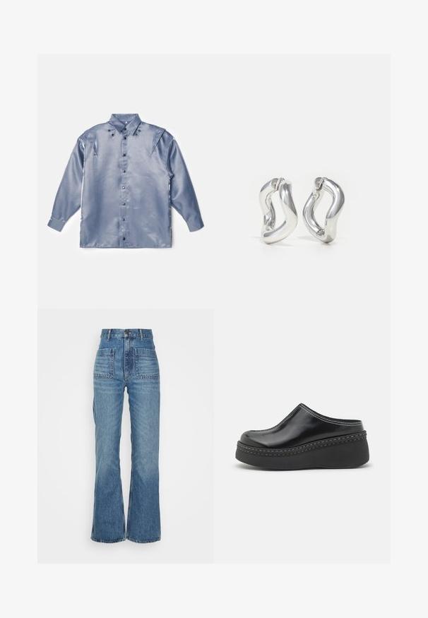SIYA TREMBITA - Hemdbluse - silver grey; Hoch taillierte blaue Jeans aus Denim mit weitem Bein, zwei Fronttaschen und zwei Gesäßtaschen; strukturiert mit einem ausgewaschenen Look.; Schwarze, glänzende Plateauclogs mit runder Spitze, geschwungenem Oberteil und kontrastierendem weißen Stich entlang der Kante der Sohle.; Silberne Creolen mit gedrehtem Design. Abgerundete Kanten und glänzende Oberfläche. Offen schließende Verschlüsse für einfaches An- und Ausziehen. Glatte Textur durchgehend.