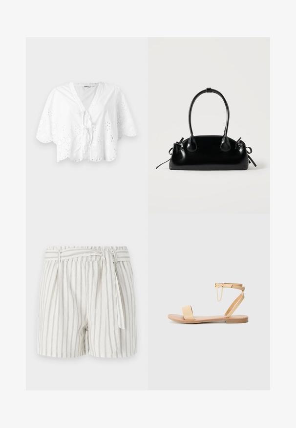 Blouse blanche avec un décolleté en V, des manches courtes et un ourlet festonné. Détail de broderie œillet autour des bords, avec une fermeture à nouer à l'avant.; Shorts blancs à rayures avec des rayures grises, taille élastique et détail de nœud à l'avant. Tissu léger avec une coupe décontractée.; Sandale plate beige avec une seule large bride, une bride de cheville avec une boucle et un détail de chaîne décoratif. Texture lisse semblable au cuir et semelle plate.; Petit sac à main noir brillant avec deux longues anses et des détails à cordon sur les côtés sur un fond clair uni.