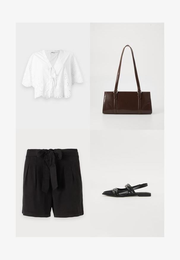 Weiße Bluse mit V-Ausschnitt, kurzen Ärmeln und gewelltem Saum. Mit Lochstickerei entlang der Kanten und einer Bindeschleife vorne.; Schwarze Baumwollshorts mit einem Bindegürtel in der Taille, Falten an der Vorderseite und Seitentaschen. Glatte Textur und lässiges Design.; Even&Odd Sling-Ballerina - black; Braune Lackleder-Handtasche in rechteckiger Form, mit zwei langen Griffen und subtilen, geschwungenen Akzenten auf der Vorderseite.