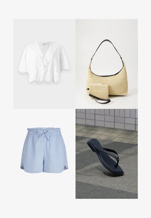 Blusa blanca con escote en V, mangas cortas y dobladillo con forma de ola. Detalle de bordado de ojal alrededor de los bordes, con un cierre de lazo en la parte delantera.; Pantalones cortos de mujer a rayas verticales en azul claro y blanco, con cinturilla elástica y cordón atado en la parte delantera.; Sandalia negra tipo chancla con tiras tachonadas suspendida sobre pavimento de asfalto cerca del borde de una pared con azulejos.; Bolso de paja tejido con una silueta curva, que cuenta con una suave correa de cuero negro y un pequeño estuche a juego, sujeto por una correa de muñeca.