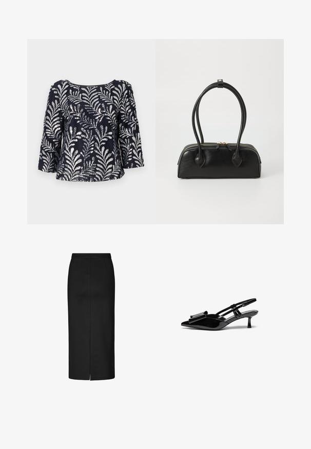 Top de lentejuelas azul marino con un patrón floral, con mangas tres cuartos y cuello redondo, confeccionado en una tela texturizada.; Falda lápiz negra hecha de tela lisa, con un diseño a la altura de la rodilla, una discreta abertura lateral y costuras limpias. Sin patrones visibles ni adornos.; Zapatos de tacón slingback de charol negro con punta afilada, detalle de lazo en el frente y un pequeño tacón de aguja. Las correas tienen hebillas ajustables.; Bolso de mano de cuero negro con dos asas alargadas, cierre de cremallera y forma redondeada; textura suave con un acabado ligeramente brillante.