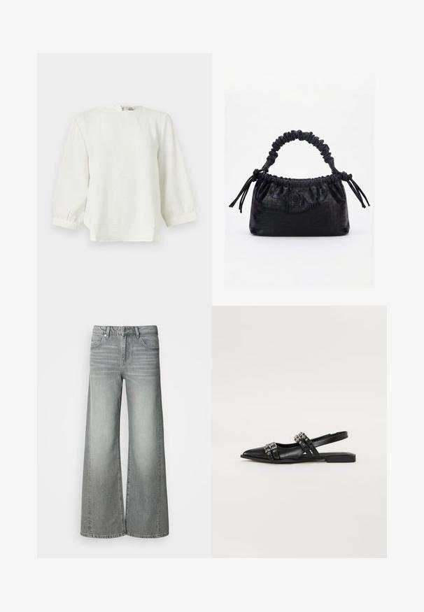 Hvid bluse med lange ærmer og rund hals, let tekstureret stof og rynkede manchetter mod en ensfarvet lys baggrund.; Højtbuxede grå vide jeans med frontknap og lynlås, for- og baglommer, vist på en ensfarvet hvid baggrund.; Even&Odd by Zalando Slingback-ballerinasko - black; Sort taske med krokodilletekstur, rynket øverste kant, samlet hank og snore med kvaster på hver side mod en hvid baggrund.