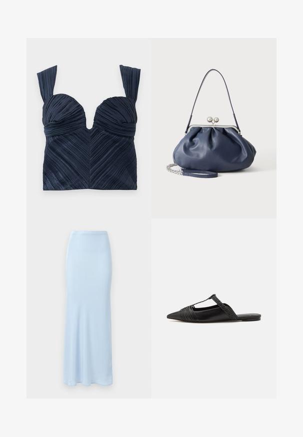 Tumesinine pleeditud lühikeste varrukatega crop top, millel on südamekujuline kaelus ja laiad rihmad; esindab vertikaalseid tekstuurijooni, luues ševroni mustri.; Hele sinine, põrandapikkune satiinseelik, millel on istuv talje ja kerge laienemine altpoolt valgel taustal.; Must kuulsad nahast kandadega kingad, millel on terav nina, koos kootud detaili ja volditud ülaosaga. Lame tald minimaalse riistvaraga.; Pehme tumesinine nahast käekott hõbedase klambriga, ühe õlarihmaga ja eemaldatava ketiga randmerihmaga valgel taustal.