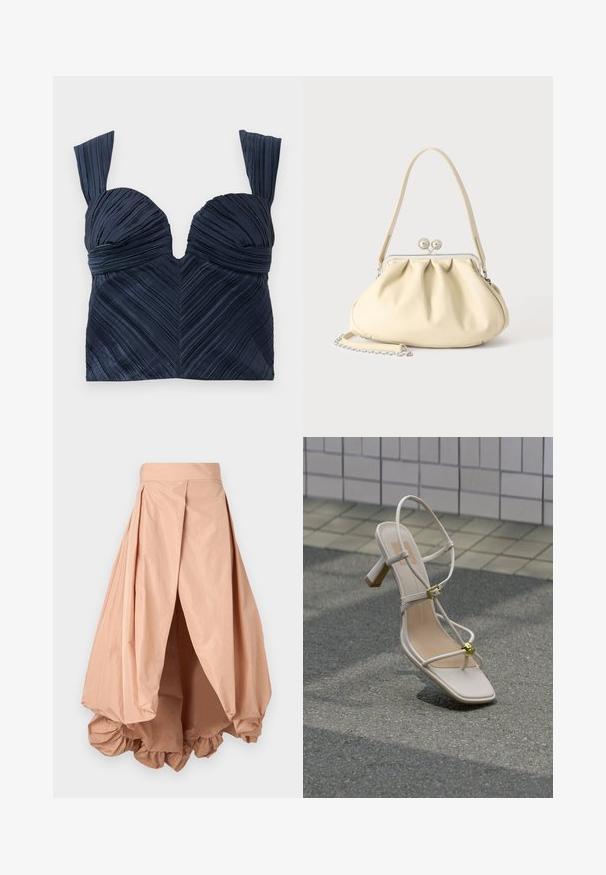 Tumesinine pleeditud lühikeste varrukatega crop top, millel on südamekujuline kaelus ja laiad rihmad; esindab vertikaalseid tekstuurijooni, luues ševroni mustri.; Peenevärvi puff-seelik, mis on valmistatud kergest kangast. Seelikul on kokkuvõtva äärise ja volditud disain vöökoha juures, mis loob volüümika silueti.; Beežid rihmadega kontsakingad kuldse pandla ja dekoratiivse kuldse palliga sillutatud maapinnal, tellistest seina lähedal.; Kreemjas pehme nahast käekott kogutud disainiga, hõbedane raam-lukk, lühike käepide ja eemaldatav kettaga rihm.