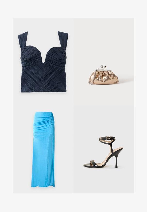 Tumesinine pleeditud lühikeste varrukatega crop top, millel on südamekujuline kaelus ja laiad rihmad; esindab vertikaalseid tekstuurijooni, luues ševroni mustri.; Sinine veluurist maxi-seelik, millel on kogutud detailid taljes, külgslit ja sile tekstuur, mis loob voolava silueti.; Must musta nahkane kõrge kontsaga sandaal õhukese pahkluu rihma ja klambriga, avatud varvas ja peen stiletto konts valgel taustal.; Väike kuldse metallikatusega õlakott, millel on hõbedane kinnitus ja kett-õlarihm, ühevärvilisel heledal taustal.