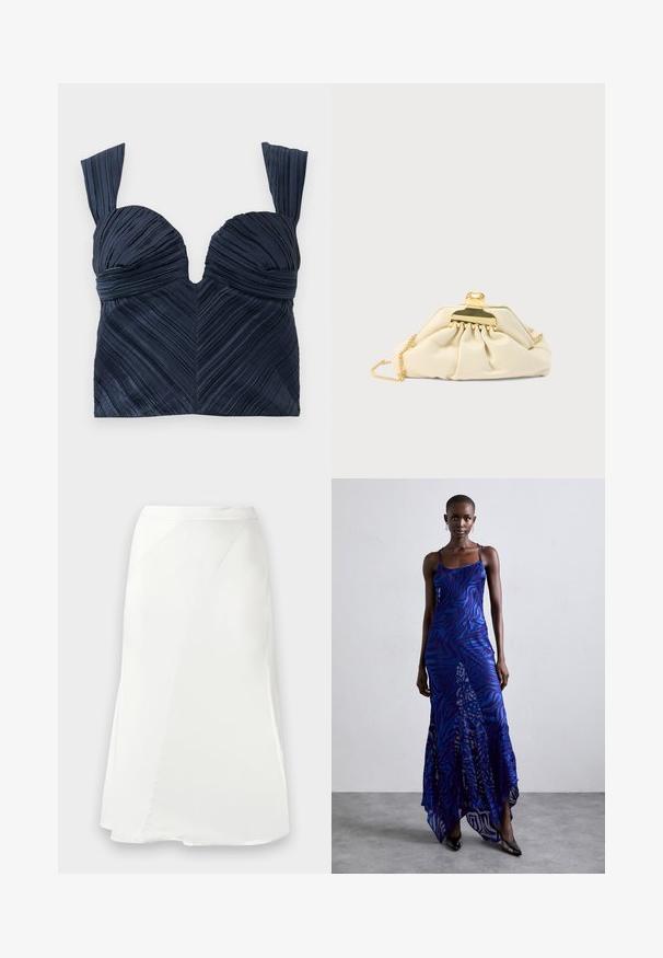 Námornícky modrý plisovaný crop top so srdcovým výstrihom a širokými ramienkami; obsahuje vertikálne textúrované prúžky vytvárajúce vzor chevron.; Biela áčková sukňa s jemnými švovými detailmi a hladkou textúrou, vystavená na jednoduchom svetlosivom pozadí.; Maxi šaty s potlačou zvieracích vzorov v modrej a fialovej farbe, s tenkými ramienkami, priliehavým telom, rozšíreným lemom a priesvitnými detailmi.; Kremová kabelka na zapínanie z mäkkého materiálu, ozdobená zlatým zapínaním a reťazovým remienkom, s nariaseným dizajnom na tele.