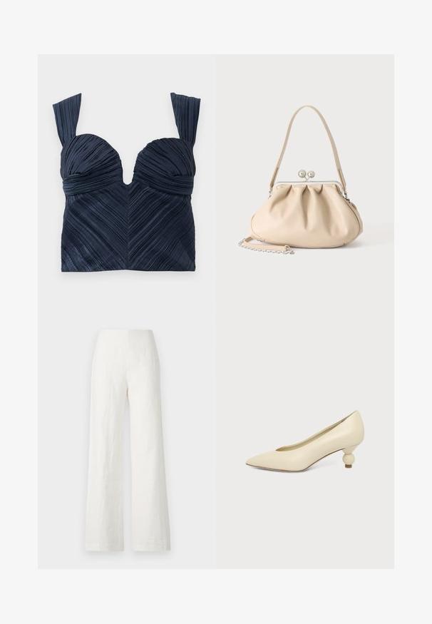 Námornícky modrý plisovaný crop top so srdcovým výstrihom a širokými ramienkami; obsahuje vertikálne textúrované prúžky vytvárajúce vzor chevron.; Biele ľanové nohavice s širokými nohavicami, hladkou textúrou a vysokým pásom. Majú jednoduchý a čistý siluetu bez ozdôb.; Dámska topánka krémovej farby s ihličkovou špičkou a nízkym, guľatým guľovitým podpätkom na jednofarebnom pozadí.; Béžová mäkká kožená kabelka so striebornou kovovou rámovou sponou, jedným ramenným remienkom a voliteľným retiazkovým remienkom na bielom pozadí.