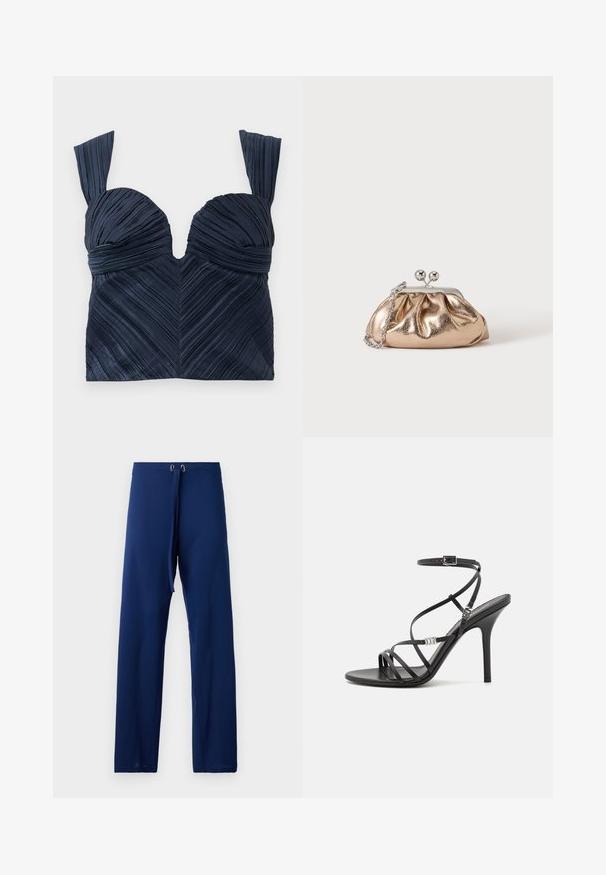 Marineblå, plisseret cropped top med sweetheart-udskæring og brede stropper; har lodrette teksturerede linjer, der skaber et chevronmønster.; Mørkeblå bukser med en løs pasform, lavet af glat stof. Har en justerbar talje med snor og øjer i guldfarve til tilpasning.; Sort højhælet sandal med tynde stropper, en ankelspænde, en glat læderoverflade og en slank stilethæl.; Lille gylden metalisk clutch taske med sølvspænde og kæderem på ensartet lyst baggrund.
