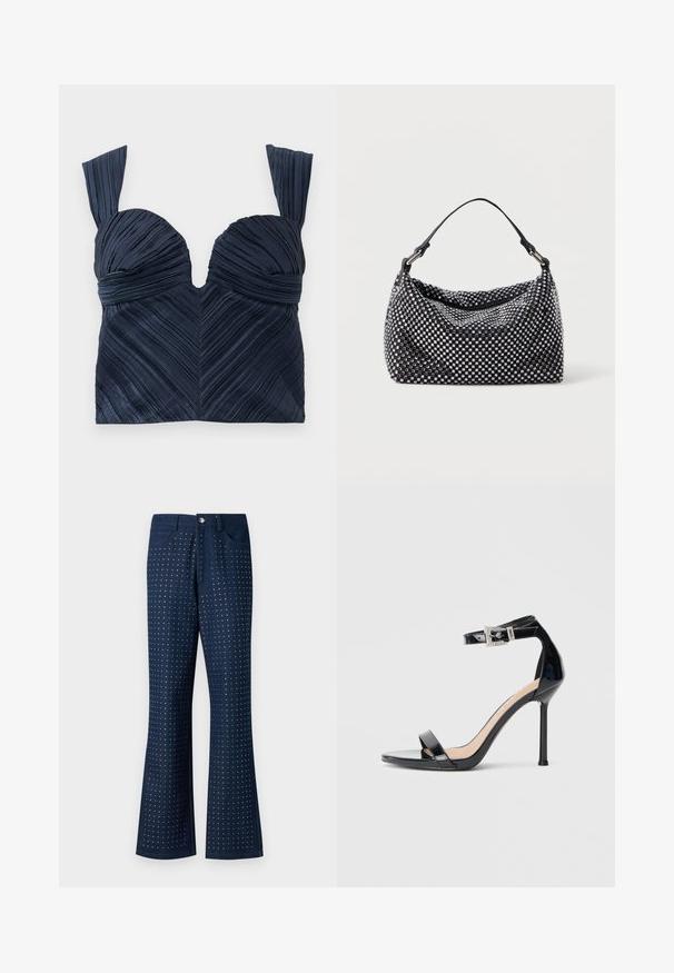 Marineblå, plisseret cropped top med sweetheart-udskæring og brede stropper; har lodrette teksturerede linjer, der skaber et chevronmønster.; Mørkeblå jeans med bredde i buksebenene, der har et prikket mønster over hele, fem lommer og knaplukning i metal. Fremstillet af denimstof.; Sort højhælet sandal i laklæder med ankelrem. Har minimalistisk design, åben tå og spænde med rhinsten-detaljer.; Sort og sølv håndtaske med en vævet, struktureret overflade med firkantede mønstre, en enkel top håndtag og et slasket design.