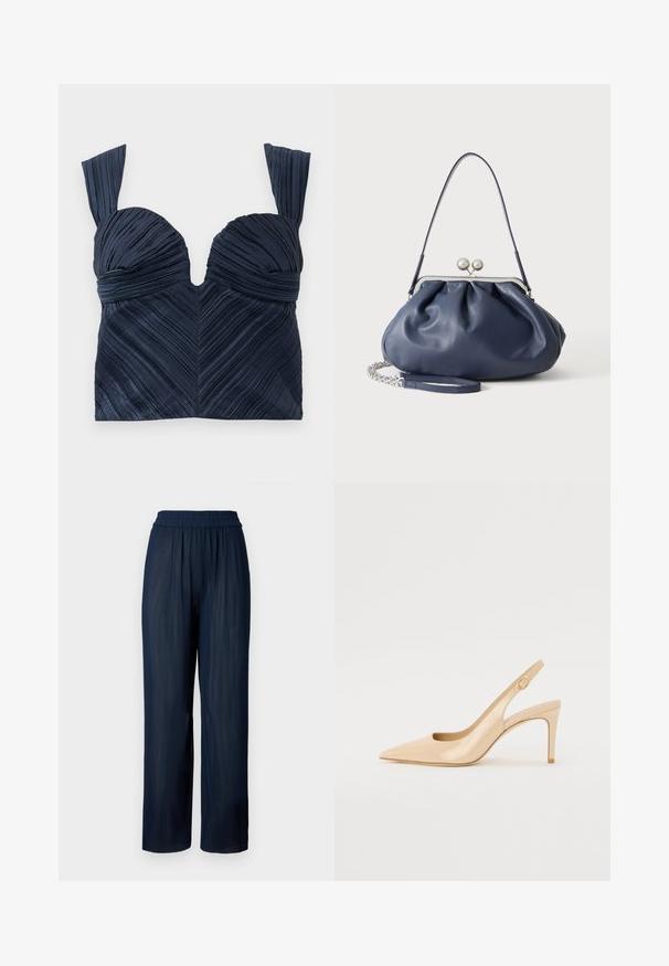 Námornícky modrý plisovaný crop top so srdcovým výstrihom a širokými ramienkami; obsahuje vertikálne textúrované prúžky vytvárajúce vzor chevron.; Námornícke široké nohavice vyrobené z plisovanej látky s elastickým pásom a jemnou textúrou, navrhnuté pre pohodlie a voľnosť pohybu.; Nude patent leather slingback topánky na vysokom podpätku s špicatou špičkou, otvorenou špičkou a tenkým stiletto podpätkom. Obsahuje kruhový zlatý akcent na popruhu.; Mäkká námornícky modrá kožená kabelka so strieborným zapínaním, jedným ramenným popruhom a odnímateľným reťazovým náramkom na bielom pozadí.
