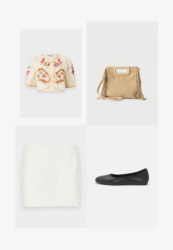 Kremfarvet cropped bluse med puffede ærmer, farverig blomsterbroderi, orange syning og to frontbind.; Hvid linned mini nederdel med lige snit, der har sidelommer og en glat tekstur. Ingen synlige mønstre eller accenter.; Sort læderballetsko med rund tå, glat tekstur, minimal syning og et fleksibelt såldesign.; Beige ruskindshåndtaske med frynser på siderne, rektangulært udskåret håndtag og aftagelig skulderrem på hvid ensfarvet baggrund.