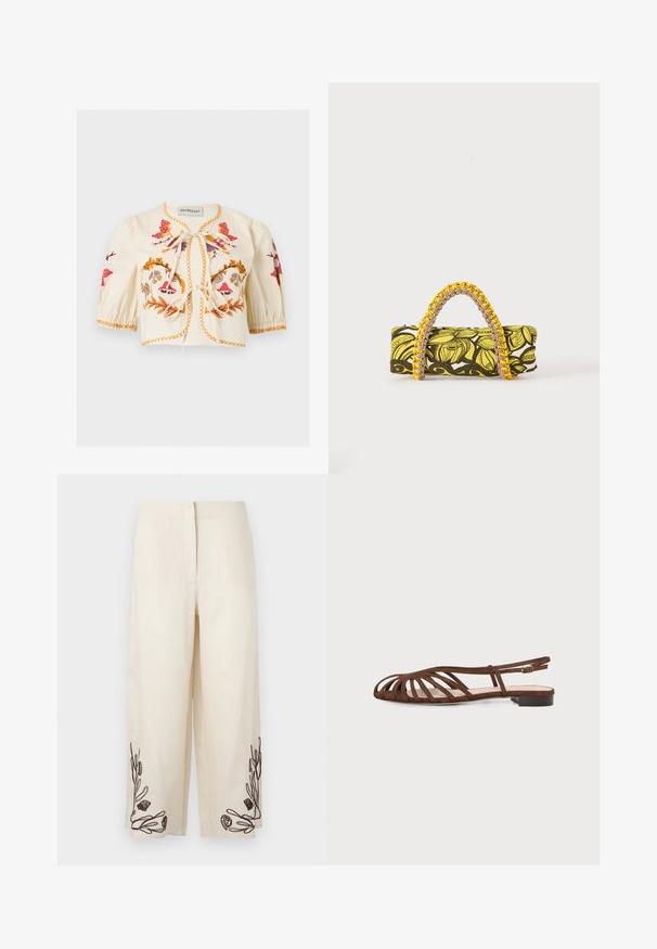 Blouse courte crème avec manches bouffantes, broderie florale colorée, surpiqûres orange et deux liens devant.; Pantalon large crème avec des motifs brodés noirs d'algues et de coquillages près de l'ourlet sur les deux jambes.; Sandale plate marron avec plusieurs fines lanières et une petite boucle à la cheville sur un fond clair.; Sac rectangulaire avec motif floral jaune et noir et anse tressée jaune et rose sur fond blanc.
