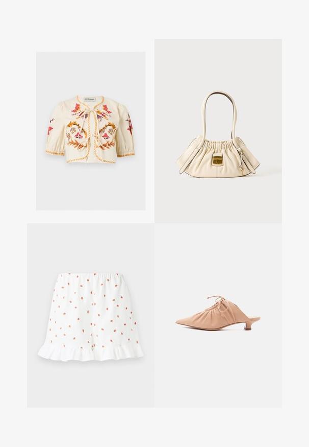Blusa corta crema con mangas abullonadas, bordado floral colorido, costuras naranjas y dos lazos delanteros.; Shorts blancos con pequeños estampados de fresas rojas por toda la prenda, con un dobladillo con volantes y cintura elástica para mayor comodidad. Hechos de una tela ligera.; Zueco de mujer de cuero beige con puntera puntiaguda, parte superior fruncida, cordón ajustable y tacón bajo de estilo kitten sobre fondo blanco.; Bolso de mano de cuero suave color crema con parte superior fruncida, dos asas y un pequeño cierre rectangular dorado en la parte delantera.
