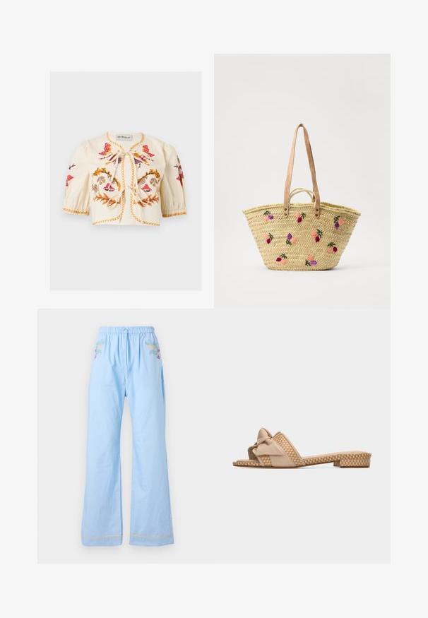 Crèmekleurige cropped blouse met opgepofte mouwen, kleurrijke bloemenborduursels, oranje stiksels en twee voorstrikjes.; Lichtblauwe katoenen broek met een elastische tailleband, voorzien van bloemstickers op de voorkant en contrasterende afwerking aan de zoom.; Beige platte sandaal met een zool en bandje in geweven patroon, voorzien van een geknoopte strik van zacht stof aan de voorkant.; Geweven stro- schoudertas met leren handvatten, versierd met kleurrijke bloemembroidery in roze, paars en groen. Ontwerp zonder deksel.