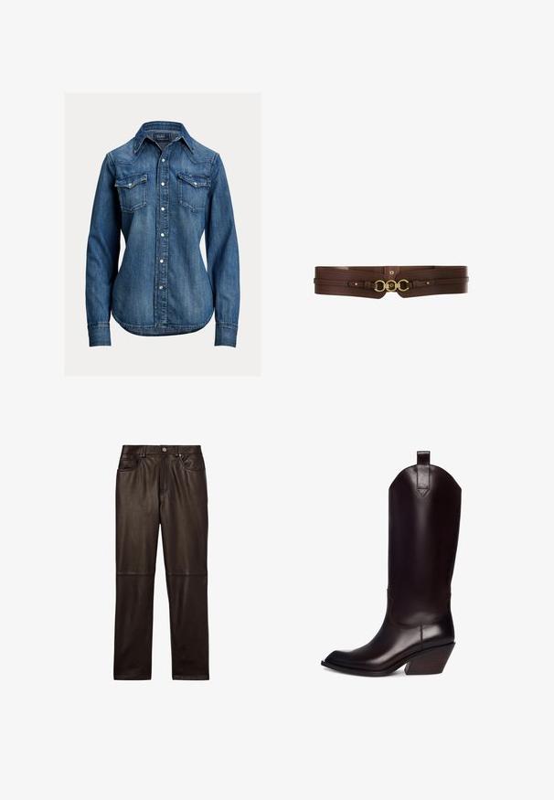 Blauw denim overhemd met lange mouwen, parelachtige drukknoopjes, twee borstflappen en een puntige kraag van Polo Ralph Lauren.; Reiss VERONA REGULAR FIT - Leren broek - chocolate; Bruine leren cowboylaars met een puntige neus, hoge schacht en hellende houten hak. Voorzien van een lus voor gemakkelijke aan- en uittrekken.; Bruine leren riem met een breed ontwerp, voorzien van twee ronde gespen in goudkleur in het midden en decoratieve stiksels langs de randen.