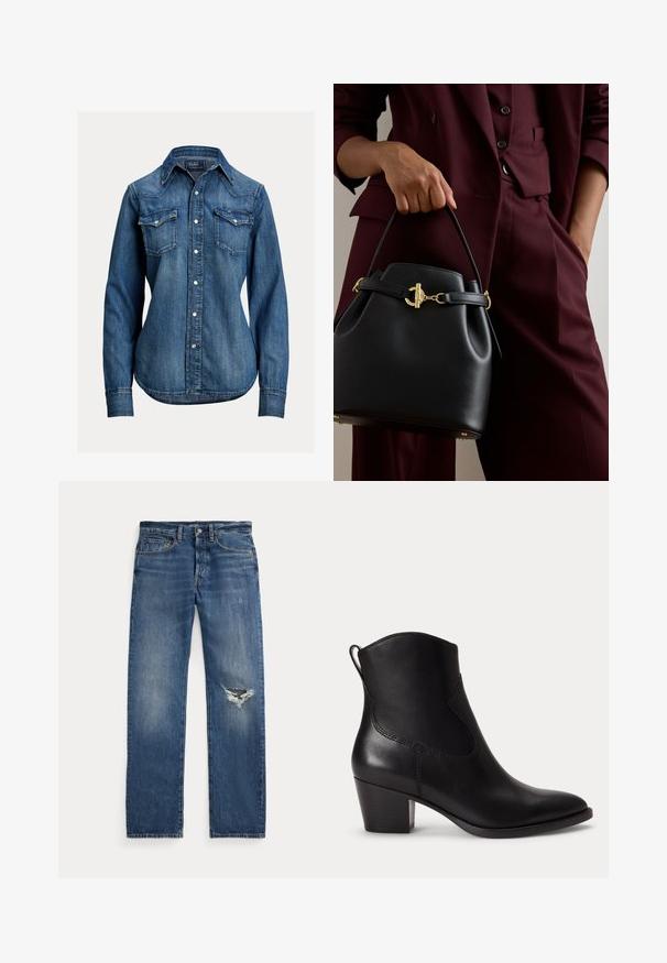 Modrá rifľová košeľa s dlhým rukávom so perlovými patentkami, dvoma náprsními vreckami so záklopkou a špicatým golierom od Polo Ralph Lauren.; Modré džínsy s mid-rise pásom, piatimi vreckami a roztrhnutím na pravom kolene.; Čierna kožená členková obuv s nízkym blokovým podpätkom, zaoblenou špičkou a ťahacou pútkom na zadnej strane na bielom pozadí.; Osoba drží čiernu koženú kabelku so zlatou prackou, nosí bordový oblek s gombíkmi a má ruku v vrecku.