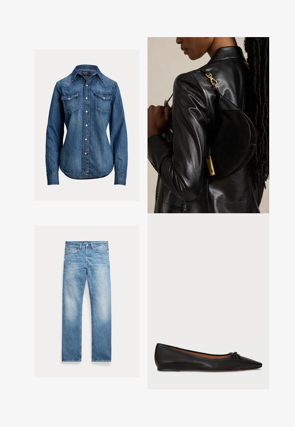 Modrá rifľová košeľa s dlhým rukávom so perlovými patentkami, dvoma náprsními vreckami so záklopkou a špicatým golierom od Polo Ralph Lauren.; Svetlomodré rovné rifle s miernym vyblednutím, dizajn s piatimi vreckami a viditeľnou značkou Polo na páse.; Čierne kožené balerínky s špicatou špičkou, štíhlym strihom a malou mašľou na prednej strane. Hladká textura a minimalistický dizajn.; Osoba v čiernej koženej bunde nesie čiernu kabelku v tvare polmesiaca so zlatou prackou na ramene na jednoliatom pozadí.
