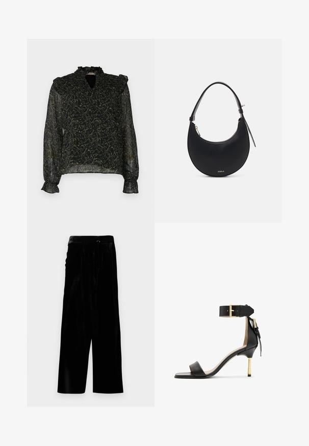 Blouse noire transparente avec un motif paisley vert, encolure volantée et manches longues bouffantes. Tissu léger avec de subtils détails de texture.; Pantalons larges en velours noir avec une taille haute et une fermeture éclair sur le côté, présentés sur un fond blanc.; Sandale à talon en cuir noir avec un bout carré, une bride de cheville dotée d'une boucle en or et un talon métallique fin. Texture lisse, design minimaliste.; Sac à épaule en cuir noir, d'une forme courbée, avec fermeture éclair et quincaillerie dorée. Doté d'un logo à l'avant et d'une bandoulière fine.