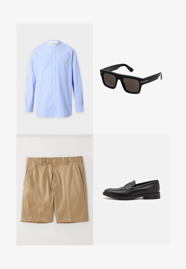Lichtblauw overhemd met lange mouwen met verticale strepen, bandkraag, witte knopen aan de voorkant en knoopmanchetten op een effen achtergrond.; Khaki shorts met een soepele, geweven textuur, voorzien van twee zijzakken en een rechte snit, ontworpen met een platte tailleband en riemlussen.; Zwarte leren loafers met een gladde afwerking, een decoratieve band over de bovenkant, een ronde neus en een lage gestapelde hak.; Zwarte vierkante zonnebril met donkere lenzen, featuring gouden accenten op de armen en een gladde kunststof textuur.