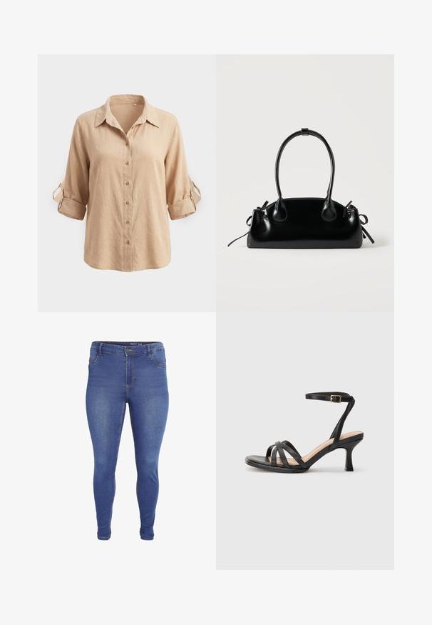 Beige overhemd met lange mouwen en knoopsluiting, met opgerolde mouwen die worden vastgezet met knoopstroken en een klassieke kraag, getoond tegen een effen achtergrond.; Blauwe skinny jeans met voorzakken, lussen voor een riem, knoopsluiting en lichte vervaging op de dijen en knieën.; Zwarte sandalen met hakken, voorzien van meerdere dunne banden over de tenen, een enkele enkelband met een gouden gesp en een vierkante neus.; Kleine zwarte glanzende handtas met twee lange hengsels en zijkant trekkoord details op een effen lichte achtergrond.