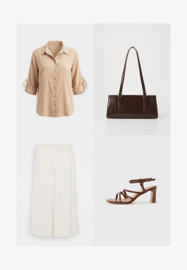 Beige langærmet skjorte med knapper, med op-rullede ærmer, som holdes på plads med knapstropper og en klassisk krave, vist på en ensfarvet baggrund.; Hvide linned culotter med elastisk talje, brede ben og en tekstureret overflade. Beklædningen har en løs, afslappet pasform for komfort.; Brun læder-rem sandal med blokhæl og justerbar ankelspænde på en ensformig lys baggrund.; Brun lakeret håndtaske med rektangulær form, to lange håndtag og subtile buede detaljer på fronten.