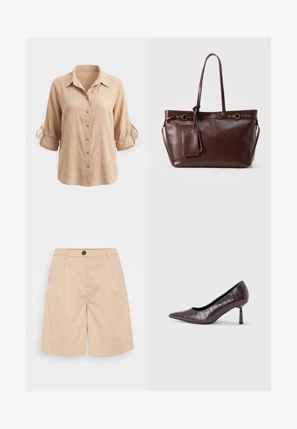 Beige langærmet skjorte med knapper, med op-rullede ærmer, som holdes på plads med knapstropper og en klassisk krave, vist på en ensfarvet baggrund.; Beige bomuldsbukser med skræddersyet design, der har knaplukning, forreste folder og en oprullet kant for ekstra detaljer og struktur.; Brune kunstlæder stiletter med spidse tæer og krokodilletekstur, der har en slank, vinklet hæl og en glat inderside.; Mørkebrun lædertaske med to lange håndtag, dekorative guldringe og fastgjort rektangulær pung med lynlås.