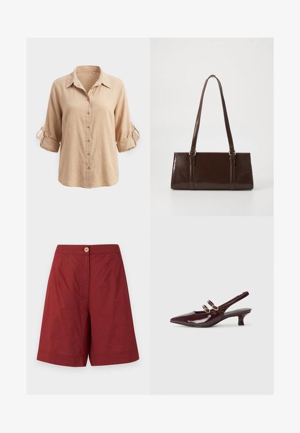 Chemise beige à manches longues avec boutons, manches retroussées maintenues par pattes boutonnées et col classique, présentée sur un fond uni.; Shorts rouge foncé taille haute longueur genoux avec un bouton en bois unique et des poches avant cachées, présentés sur un fond uni.; Marco Tozzi Escarpins - bordeaux; Sac à main en cuir verni marron de forme rectangulaire, avec deux longues poignées et des accents courbés subtils à l'avant.
