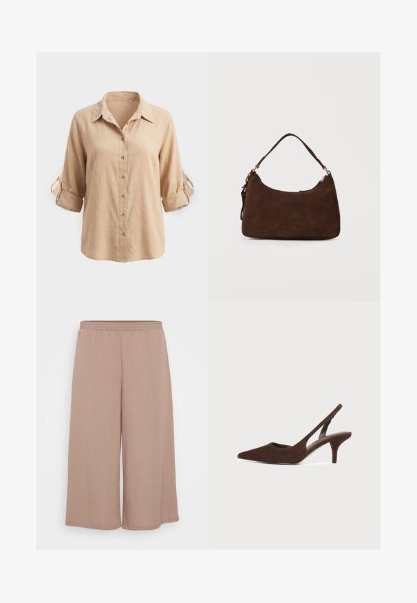 Beige overhemd met lange mouwen en knoopsluiting, met opgerolde mouwen die worden vastgezet met knoopstroken en een klassieke kraag, getoond tegen een effen achtergrond.; Lichte, wijde broeken van zachte mauve stof met een elastische tailleband. Bevat een kreukbestendige textuur en eenvoudige omgestikte randen.; Donkerbruine suède slingback pump met spitse neus en kittenhak op een effen lichte achtergrond.; Bruine suède schoudertas met een enkele riem en ritssluiting tegen een effen lichte achtergrond.