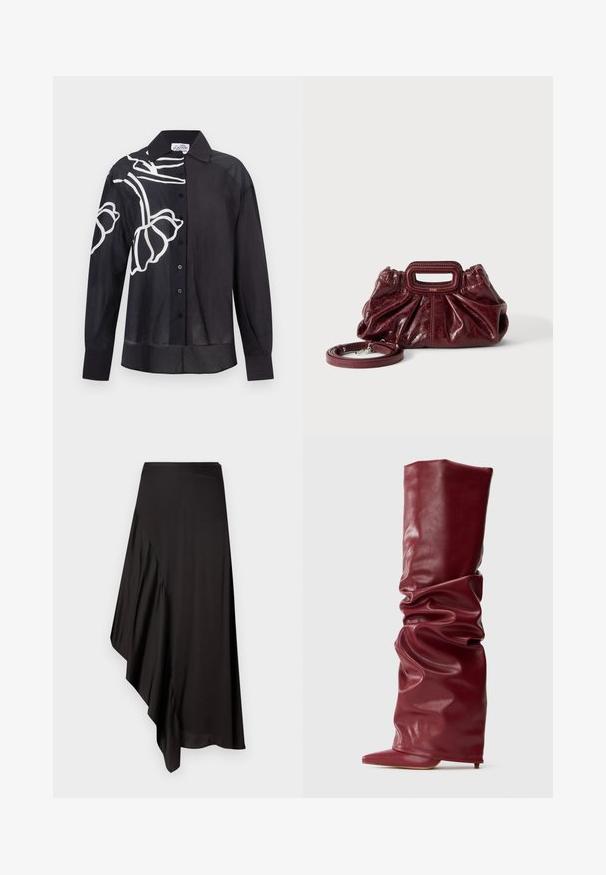 Zwart overhemd met knopen en lange mouwen met witte abstracte bloemmotieven op de linkerschouder en borst.; AERON ASTER SKIRT - Kokerrok - black; Hoge slungelige bordeaux leren laarzen met puntige neus en lage hak op een effen lichte achtergrond.; Kleine donkerrode leren handtas met geplooide textuur, rechthoekig handvat met uitsparing en afneembare schouderriem tegen een witte achtergrond.