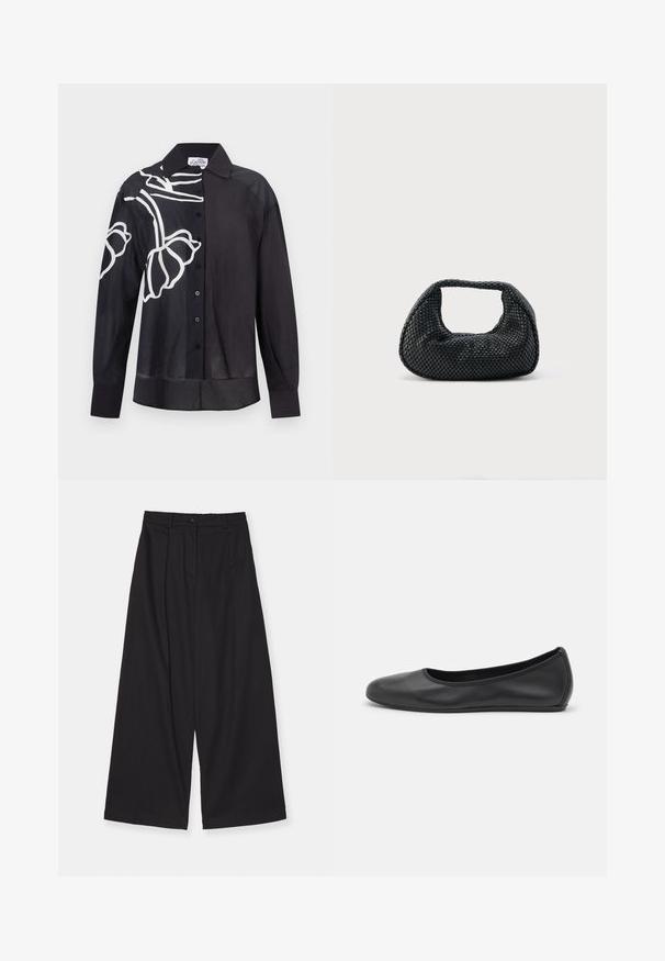 Schwarzes Hemd mit Knöpfen und langen Ärmeln, mit weißen abstrakten Blumenlinien auf der linken Schulter und im Brustbereich.; Schwarze weite Hosen aus einem glatten Stoff, mit hoher Taille, vorderen Falten, einem Knopfverschluss und einer geraden Silhouette.; Schwarze Leder-Ballettschuhe mit abgerundeter Spitze, glatter Textur, minimalen Nähdetails und einem flexiblen Sohlen-Design.; Schwarze gewebte Hobo-Tasche mit weicher Struktur und integriertem Griff, dargestellt vor einem schlichten hellen Hintergrund.