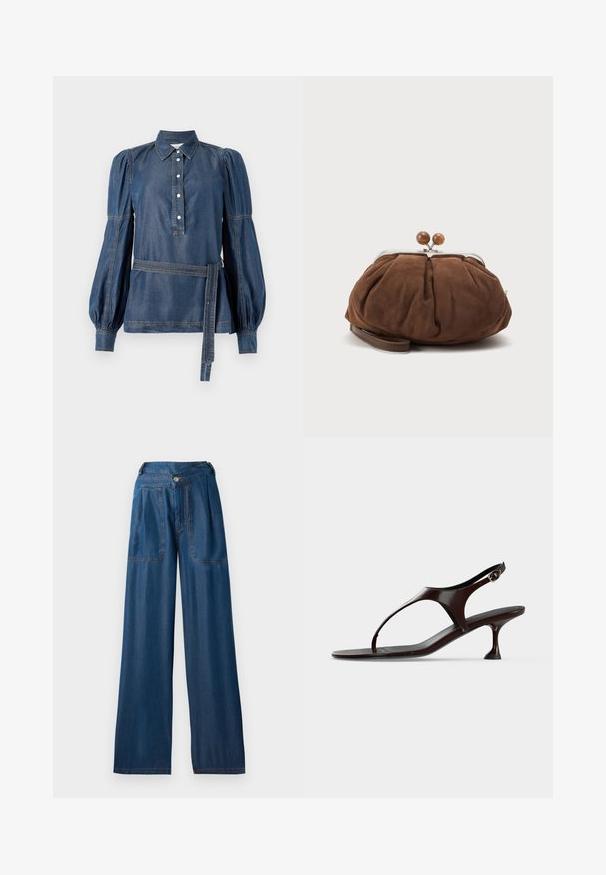 Denim shirt met een kraag, knoopsluiting en opstaande mouwen. Kenmerkt zich door een ceintuur in de taille en contrasterende stiksels. Donkerblauwe kleur.; Donkerblauwe wijde jeans van denim, met twee voorzakken, een knoopsluiting en contrasterende oranje stiksels.; Donkerbruine lakleren slingbacksandaal met kittenheel en teenbandje op witte achtergrond.; Zachte bruine suède polstasje met zilverkleurige metalen frame en ronde bruine sluitknopjes op een effen lichte achtergrond.