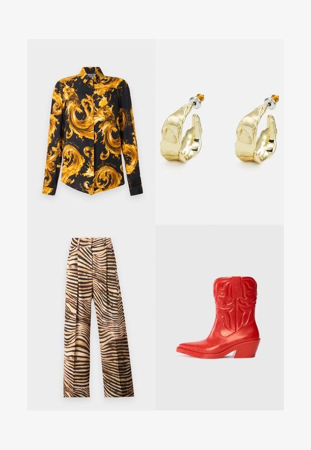 Zwart overhemd met lange mouwen en knopen, bedrukt met opvallende gouden-gele barokke krullende patronen over het hele oppervlak.; Wijdvallende broeken in een beige en bruine zebra-streep patroon, met plooien, een hoge taille en een gladde, glanzende textuur.; Rodeo cowboylaars in het rood met een hoge, flared hak. Gemaakt van glanzend materiaal met reliëf westelijke ontwerpen op de schacht. Puntige neusvorm.; Goudkleurige oorbellen in de vorm van abstracte handen, met een glanzend oppervlak, ingewikkelde details en een zilver- en goudkleurige post voor een veilige bevestiging.