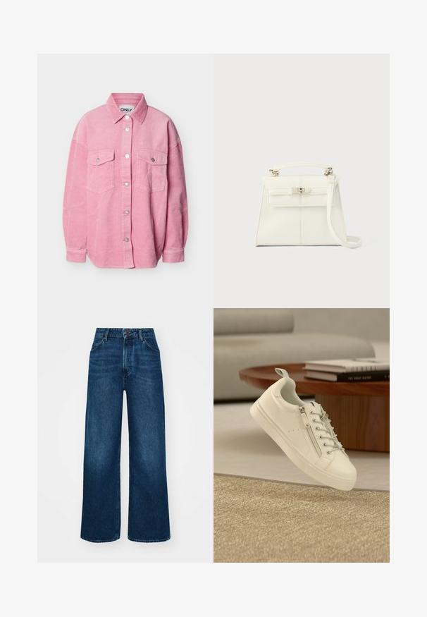 Chemise en velours côtelé rose avec une coupe surdimensionnée, manches longues, deux poches poitrine à rabat et un col pointu.; Jeans taille haute et à jambes larges en denim bleu foncé avec une texture lisse, des coutures contrastantes et un design à cinq poches. Fermeture à bouton à l'avant.; Baskets blanches basses avec fermeture éclair latérale et lacets, placées près d'une table ronde en bois marron avec des livres empilés.; Sac à main en cuir blanc avec une forme structurée, poignée supérieure, bandoulière amovible et fermeture à boucle argentée. Texture lisse, design minimaliste.