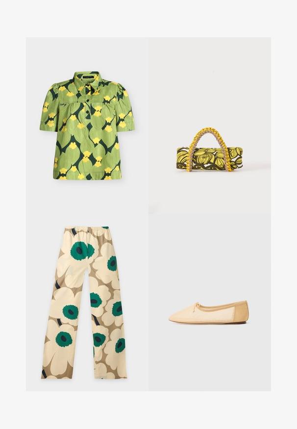 Green short-sleeve blouse with a collar, black buttons, and a large yellow and dark green floral pattern.; Beige wide-leg pants with large floral print featuring cream petals and green centers, displayed on a plain light background.; Beige ballerina flat with a pointed toe, bow detail, and elasticized edging. Smooth material and minimalistic design, flat sole.; Rectangular bag with yellow and black floral pattern and braided yellow and pink handle on white background.