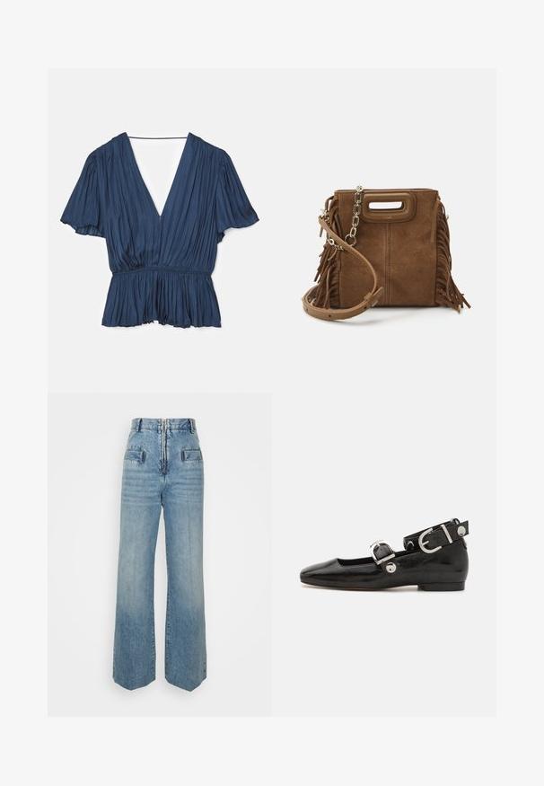 Maje LEVILLY - Blouse - marine; sandro Jean boyfriend - bleu jean; Ballerine en cuir verni noir avec un bout carré, sangle de cheville avec des détails en métal argenté et semelle plate. Texture lisse avec un design minimaliste.; Maje MINI - Sac bandoulière - camel