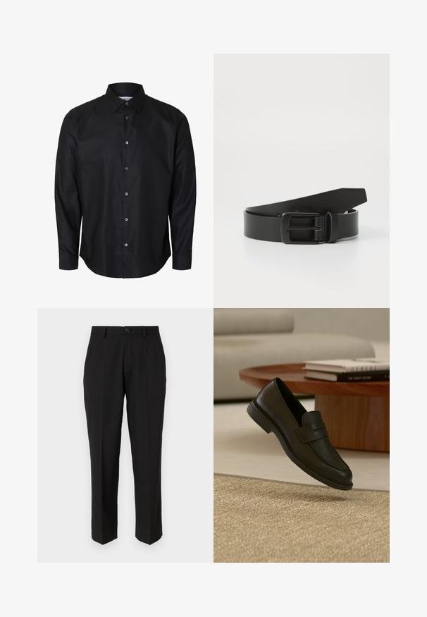 Camisa negra de hombre de manga larga con cuello clásico y siete botones delanteros, mostrada sobre fondo blanco.; Pantalones negros de tela suave, con un diseño de pierna recta, bolsillos delanteros, un cierre de botón y sin patrones visibles.; Zapato mocasín de cuero negro mostrado en el aire sobre una alfombra beige tejida, con una mesa de madera y libros apilados en una sala de estar con luz suave.; Cinturón de cuero negro con hebilla metálica negra mate, que presenta una textura suave y un diseño sencillo. Longitud ajustable con un extremo cónico.