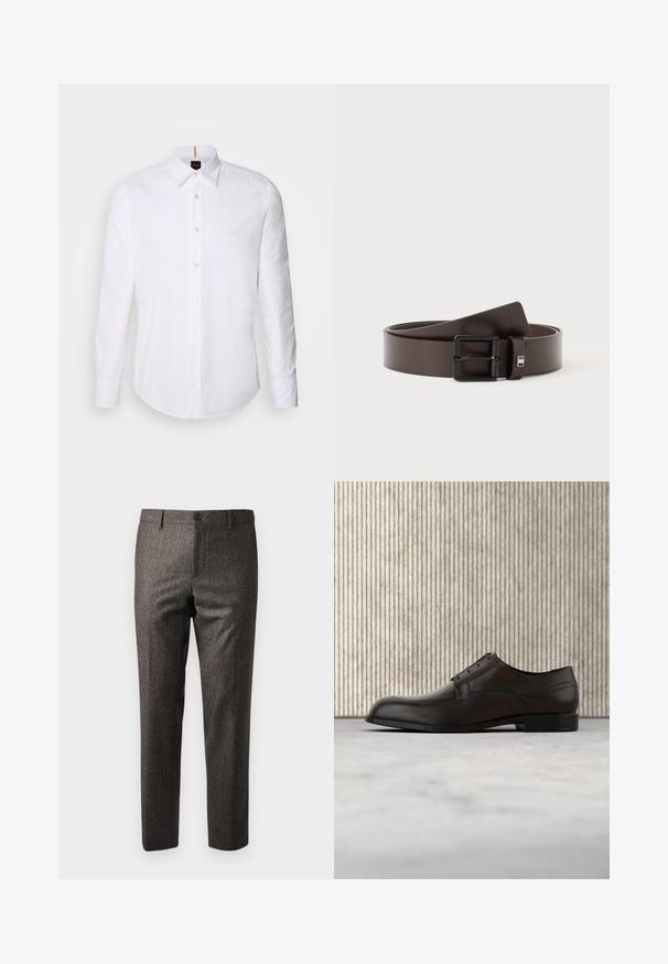 Weiße langärmlige Button-Down-Hemd aus Baumwolle, mit klassischem Kragen, subtiler Logo-Detailierung auf der Brust und weißen Knöpfen.; Braune Herringbone-Hosen mit schlanker Passform, ausgestattet mit einem Knopfverschluss vorne und seitlichen Taschen, aus strukturiertem Stoff mit einem dezenten Glanz.; Braune Leder-Dressschuhe mit runder Spitze, minimaler Naht und glattem Finish. Verfügt über einen niedrigen Absatz und ein einfaches Schnürdesign.; Dunkelbrauner Ledergürtel mit schwarzer rechteckiger Metallschnalle, auf weißem Hintergrund aufgerollt.